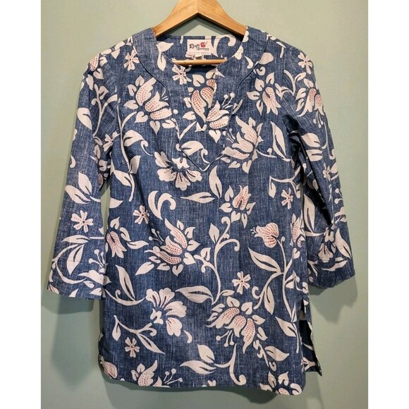 Reyn Spooner Limited Issue Blue White Floral Hawaiian Tropical Tunic Top Sz S - Picture 1 of 9